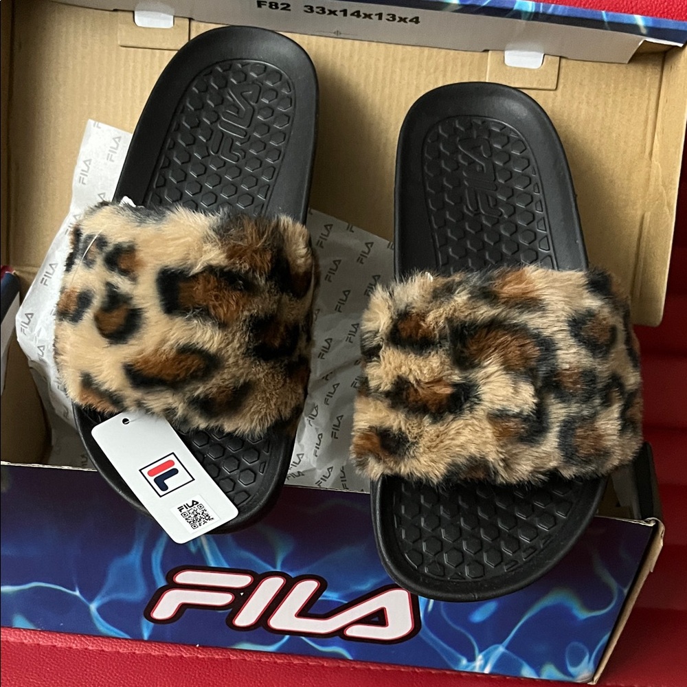 Fila Leopard Print Fur Slides